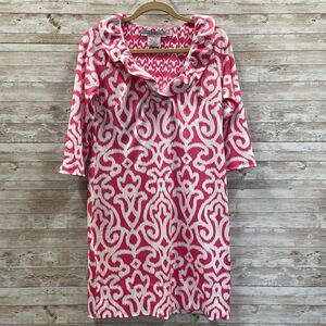 Gretchen Scott Womens Medium Dress Pink Arabesque Ruffle Neck 3/4 Sleeve Stretch